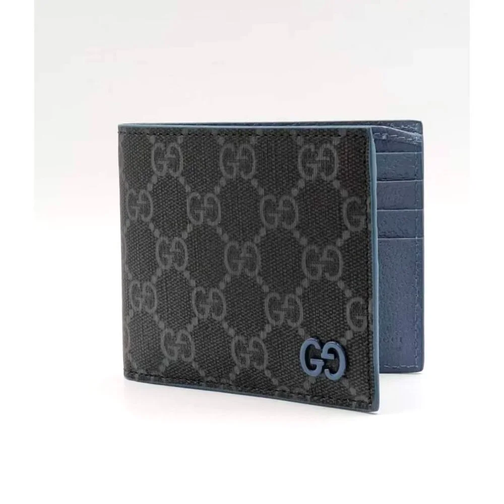 Gucci Black GG Supreme Bi-Fold Wallet with Blue Double G